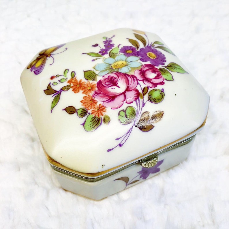 Shabby Chic Vanity Trinket Box Small Antique Floral Butterfly Jewelry Box
