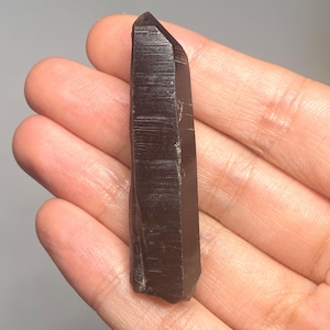 Può includere: Un cristallo allungato marrone scuro con una punta. Il cristallo ha un aspetto liscio e lucido con striature visibili lungo la sua lunghezza. Il cristallo è tenuto in mano su uno sfondo neutro. Il cristallo è lungo circa 7.6 cm.