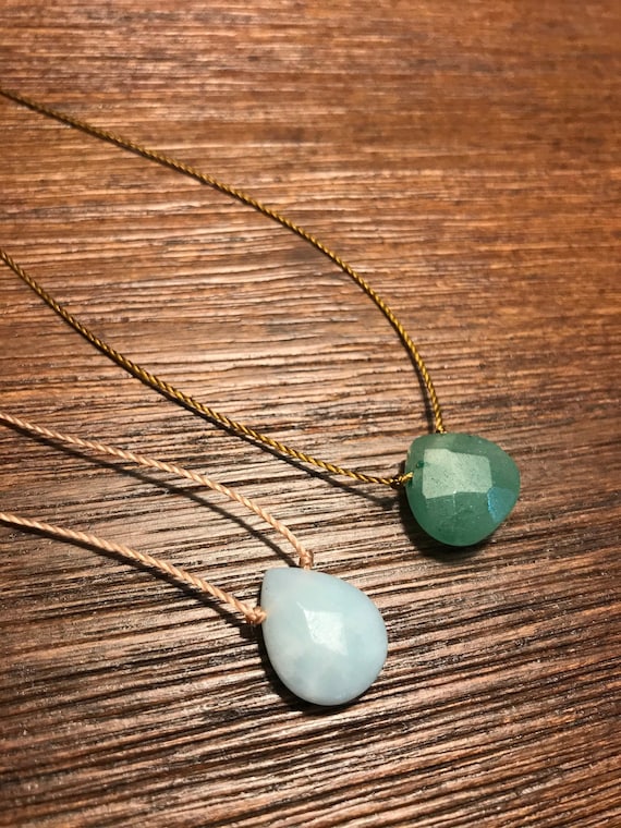 Gemstone Minimalist Necklace //Amazonite or Aventurine // Faceted Tear Drop Pendant // Twisted Nylon & Sterling Silver // Gift For Her