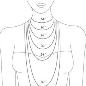May include: A line drawing of a woman's torso showing different necklace lengths in inches, from 14 inches to 33 inches.