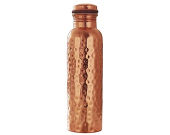 Indian Handmade Pure Copper Water Bottle for Drinking, Travel, Hiking, Gym, Office, Outdoor - Hammered Glossy Finish - 950 ML