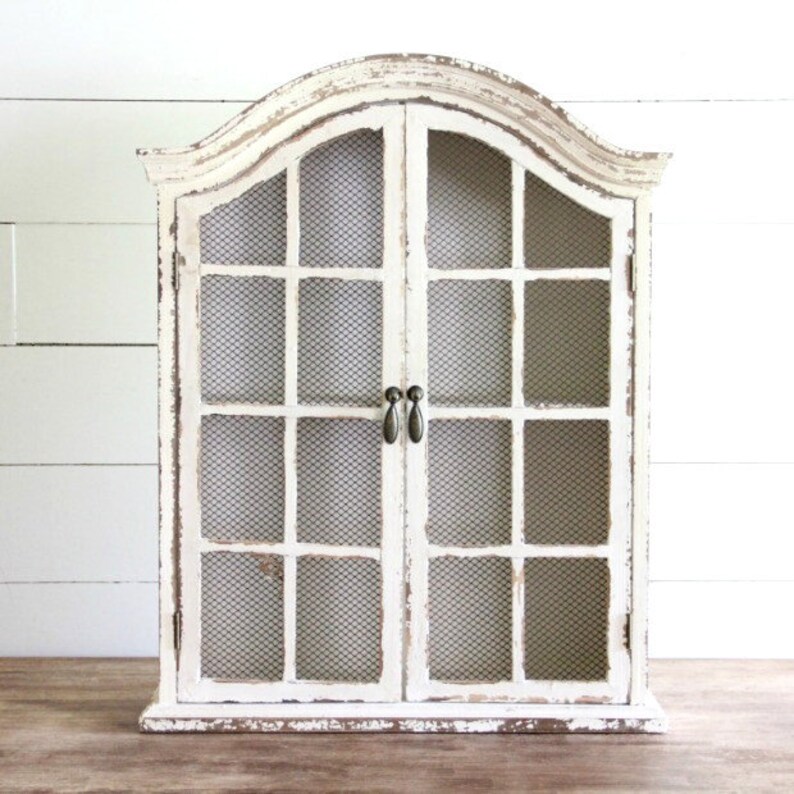 Vintage Wire Mesh Wall Curio Cabinet Distressed Kitchen Decor