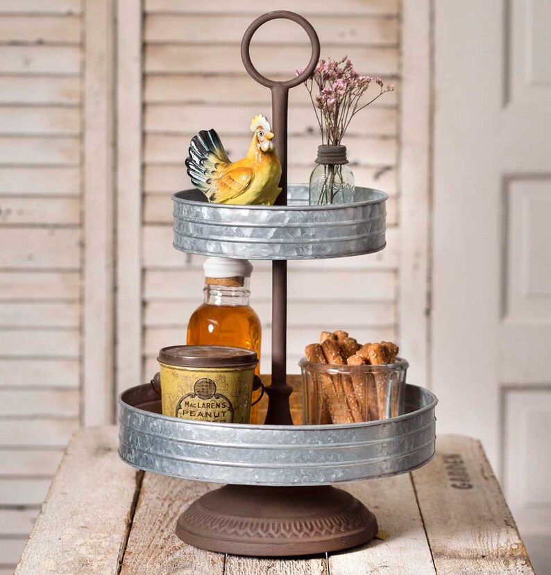 2 Tiered Farmhouse Galvanized Metal Tray Tabletop Etsy