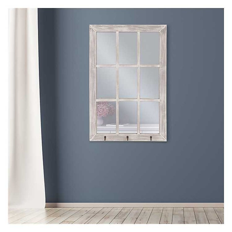 Distressed White Windowpane Mirror With Hooks Farmhouse Distressed White Windowpane Mirror With