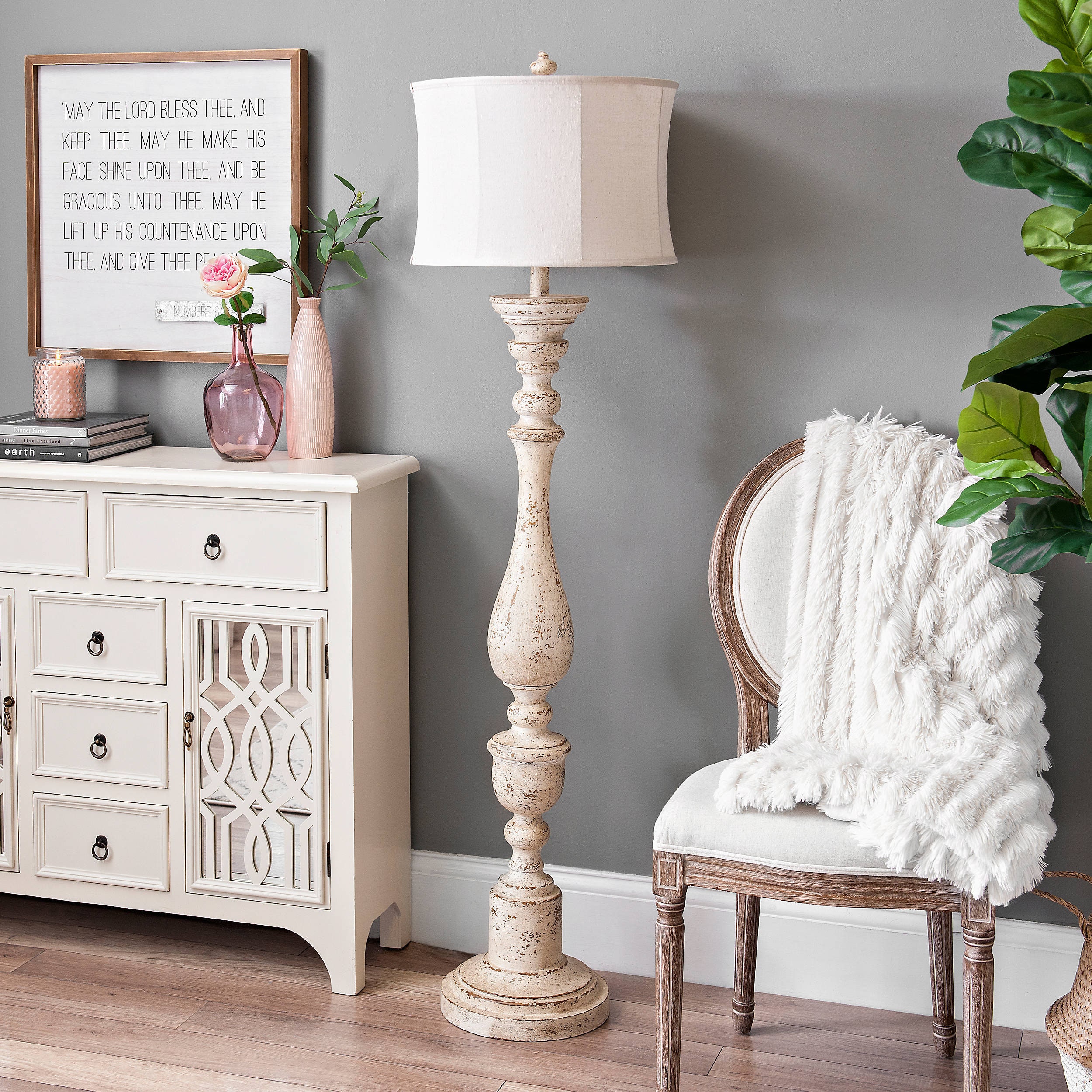 Rustic Distressed Cream Spindle Floor Lamp Farmhouse