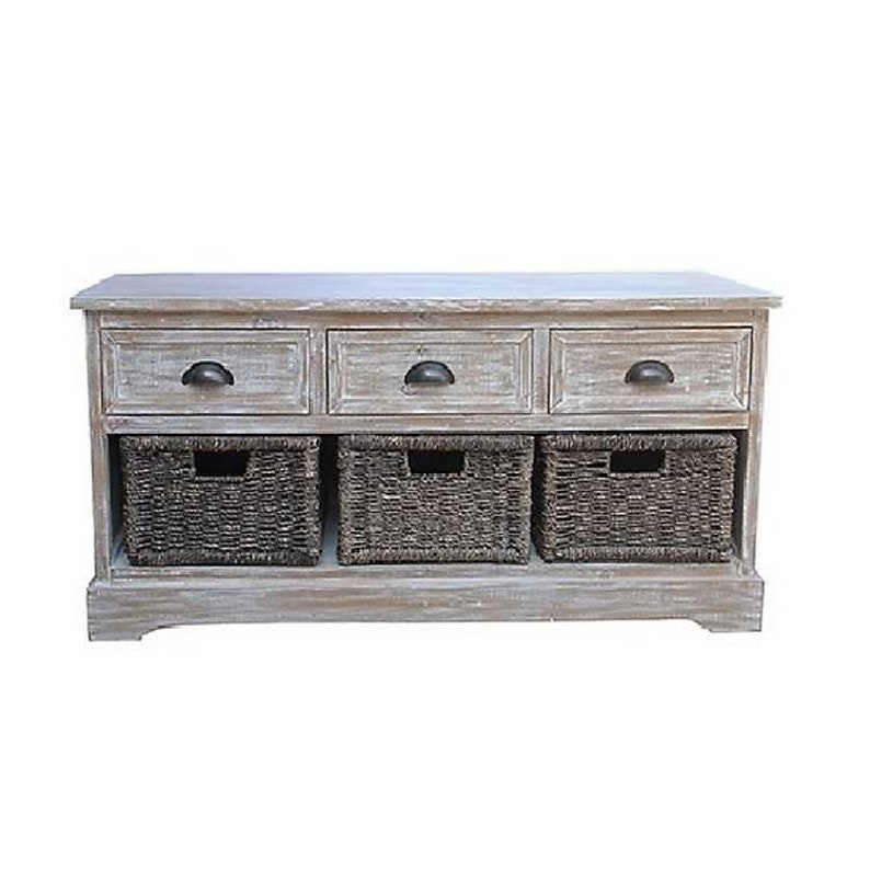 Whitewash 3 Basket Bench Wicker Baskets Included Farmhouse Etsy