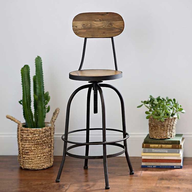 Etsy Stool Industrial Wood Bar Stool Stool Adjusts 29 to 34 in Height Swivel Stool Farmhouse Industrial Elm Wood Bar Stool