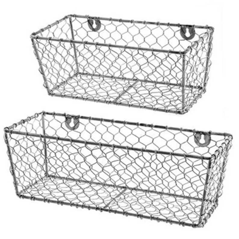Set Of 2 Weathered En Wire Wall Baskets Farmhouse Rustic Storage