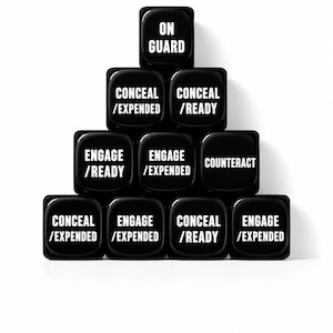 May include: A pyramid arrangement of ten black square blocks with rounded corners. The blocks feature white text: ON GUARD, CONCEAL/EXPENDED, CONCEAL/READY, ENGAGE/READY, ENGAGE/EXPENDED, COUNTERACT, CONCEAL/EXPENDED, ENGAGE/EXPENDED, CONCEAL/READY, and ENGAGE/EXPENDED.