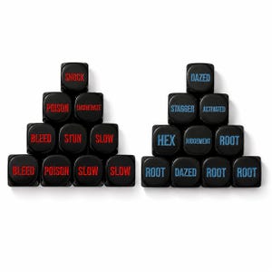 May include: Two triangular stacks of black square gaming dice. The left stack features red text including SHOCK, POISON, INCINERATE, BLEED, STUN, and SLOW. The right stack features blue text including DAZED, STAGGER, ACTIVATED, HEX, JUDGEMENT, and ROOT.