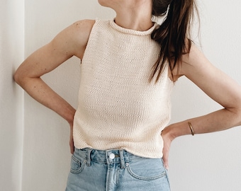Knitting Pattern | The Evelyn | modern cropped roll mock neck sleeveless knit pullover top spring summer easy knitting pattern