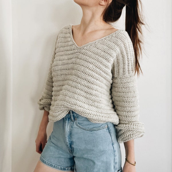 Crochet Pattern | The Brynn | modern v neck cropped oversized light knit ribbed pullover sweater jumper top easy crochet pattern