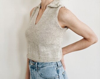 Knitting Pattern | The Lucie | lightweight cropped sleeveless johnny collar neck knit sweater slipover top jumper easy knitting pattern