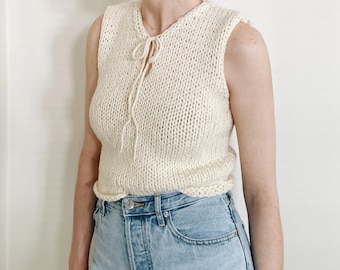 Knitting Pattern | The Priscilla | cropped sleeveless tie front neck knit sweater slipover top jumper easy knitting pattern