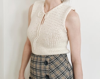 Knitting Pattern | The Priscilla | cropped sleeveless tie front neck knit sweater slipover top jumper easy knitting pattern