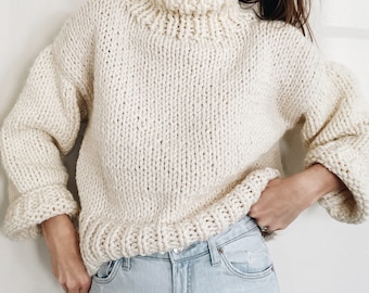 Patrón de tejido / El Charlie / Suéter de cuello alto grueso moderno de punto con cuello vuelto, patrón de tejido fácil