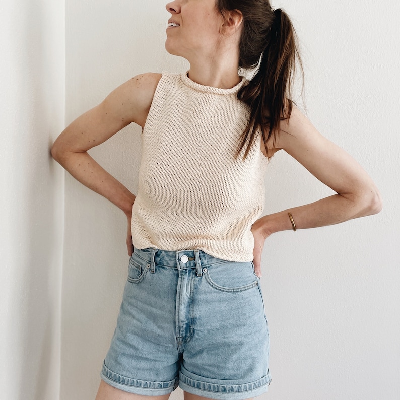 Knitting Pattern The Evelyn modern cropped roll mock neck sleeveless knit pullover top spring summer easy knitting pattern image 2