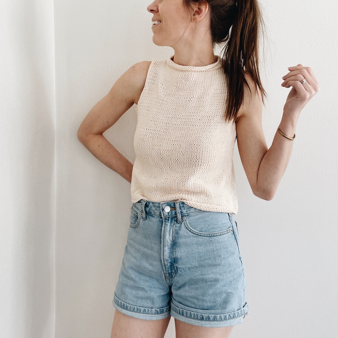 Knitting Pattern the Evelyn Modern Cropped Roll Mock Neck Sleeveless Knit Pullover Top Spring Summer Easy Knitting Pattern