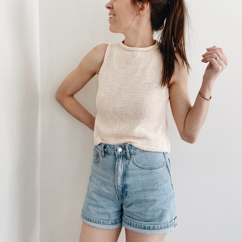 Knitting Pattern The Evelyn modern cropped roll mock neck sleeveless knit pullover top spring summer easy knitting pattern image 1