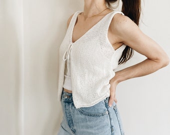 Knitting Pattern | The Scarlett | modern cropped v neck sleeveless front tie knit tank top spring summer easy knitting pattern