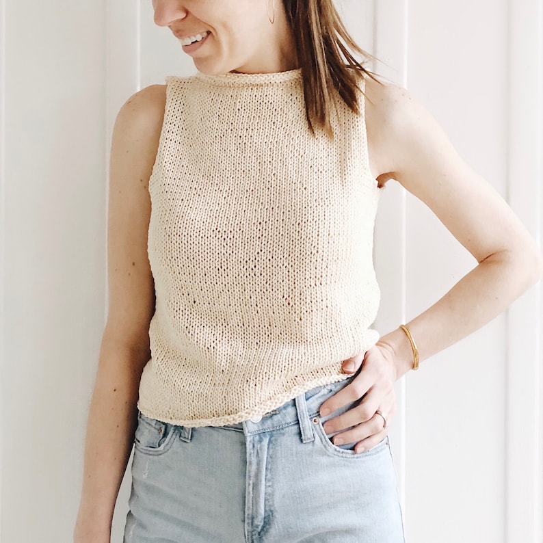 Knitting Pattern The Evelyn modern cropped roll mock neck sleeveless knit pullover top spring summer easy knitting pattern image 3