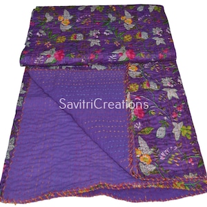 Indian Handmade Kantha Quilt Cotton Kantha Throw King Size Kantha Quilt Floral Quilt Purple Blanket