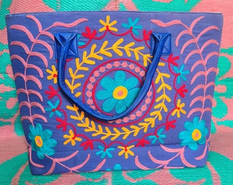 Handmade Suzani Tote Bag: Embroidered Cotton Canvas Shoulder Bag