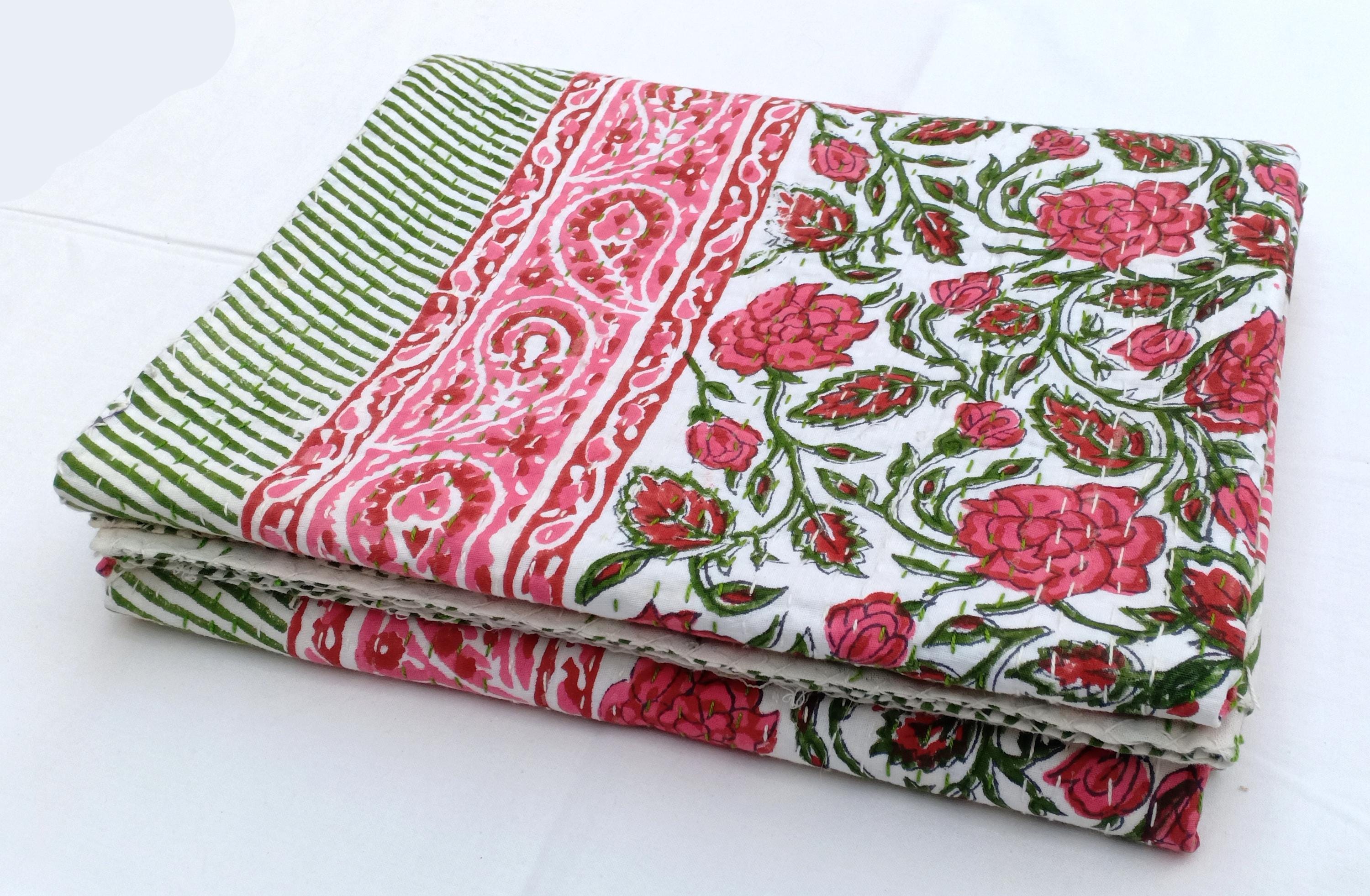 Kantha Quilt Unique Hand Stitched Cotton Throw Sustainable Bedding King Size Colorful Artisan Quilt