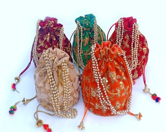 Indian Handmade Women Embroidered Potli Bag Wedding Pouch Drawstring Wristlets Bag Jewelry Coin Purse for Bridal Evening Party Gifts Set 5pc