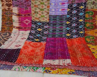 Handmade Kantha Quilt Vintage Indian Patchwork Bedspread, Boho Bedding