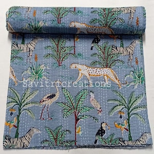 Nova colcha Kantha com estampa de selva indiana, manta de algodão feita à mão, manta de cama Boho, colcha reversível, colcha de animais de safári, decoração para casa