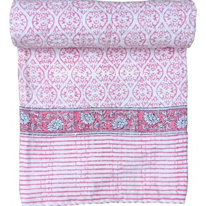 Indian Hand Block Print Pink Kantha Quilt Handmade Cotton Queen Size Kantha Bedcover Throw Bedspread Blanket Gudari Bedding Quilt