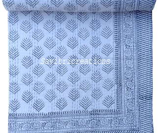 Colcha Kantha cosida a mano, estampado floral en bloques, colcha tamaño king.