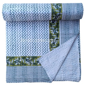 Kantha Stitch Pure Cotton Reversible Bed/Sofa Throw King Size | Handmade HandPrinted Floral Dohar