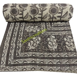 Kantha Stitch Pure Cotton Reversible Bed/Sofa Throw King Size | Handmade HandPrinted Floral Dohar | Diamond Weave Petal