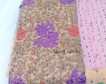Handmade Kantha Quilt: Indian Patchwork Cotton Bedspread, Bohemian Bedding