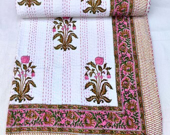 Hand Block Print Pink & White Kantha Quilt Indian Cotton Floral Bedspread