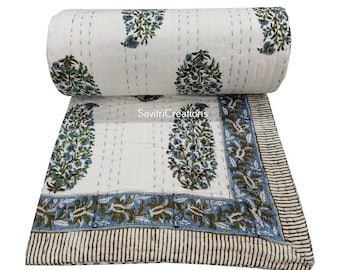 Hand Block Printed Kantha Quilt, Blue Floral Cotton Bedspread, India Blanket (King Size)