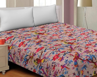 Floral King Size Kantha Quilt: Hand-stitched Cotton Bedspread