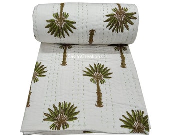 Handmade Palm Tree Quilt, White Cotton Bedspread, King/Queen Size