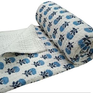 Edredón Kantha, edredones florales reversibles indios, Jaipuri Razai, edredón suave, edredón con estampado de bloques a mano, edredón famoso de Jaipuri, edredón tamaño Queen.