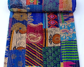 Indian Patchwork Kantha Quilt Blue: Handmade Bedspread, Boho Throw