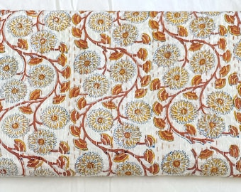 Handmade Indian Kantha Quilt: Orange Floral Block Print Bedspread