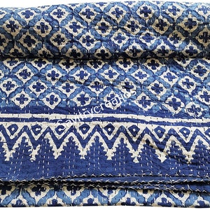 Indigo Kantha quilt blue kantha handmade indian block print blue kantha bedspread blanket indigo blue kantha throw