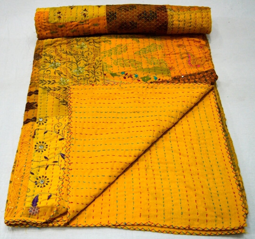 Indian Kantha Quilt Pillow Cover Set Handmade Cotton Comforter Etsy