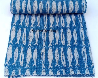 Blue Fish Kantha Quilt, Bohemian King Size Bedspread