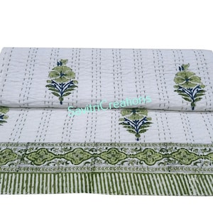 Indian Handmade Kantha Quilt Bedspread Throw Cotton Blanket Gudari King Green Leaf Hand Block Print Kantha Quilt