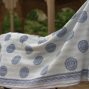Kantha Quilt Handblock Print Blue & white floral Kantha Indian Netural Colour Indian inspired Bedding Hand Stitched Rural Kantha Quilt
