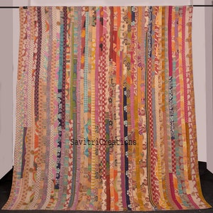 Indian Vintage Strip Patchwork Cotton Kantha Quilt Bedspreads Throw Blanket Handmade Kantha Quilt, King Size Kantha Quilt, Bed Cover
