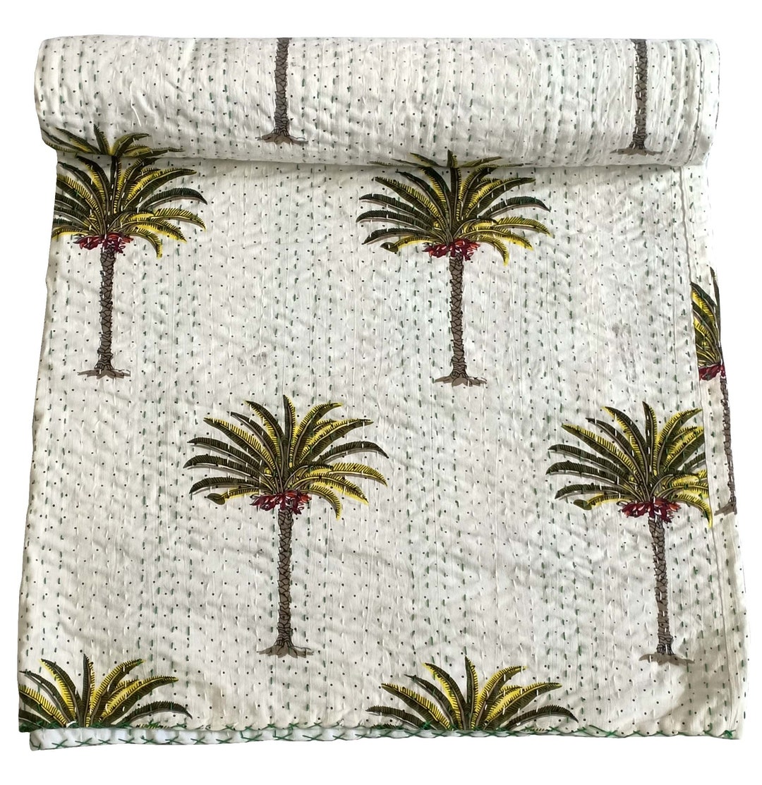 Indian Kantha Quilt, Cotton Bedspread, Hand Block Print Quilt, Palm